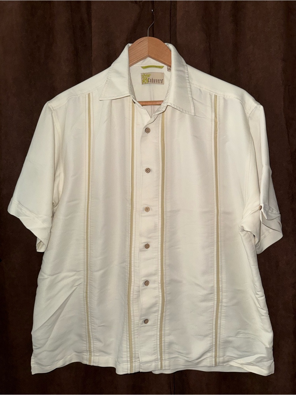 Cubavera Cream Short-Sleeve Camp Shirt with Subtle Stripe Detail